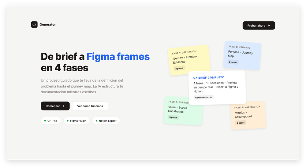 UX AI Generator interface showing the guided form with project data