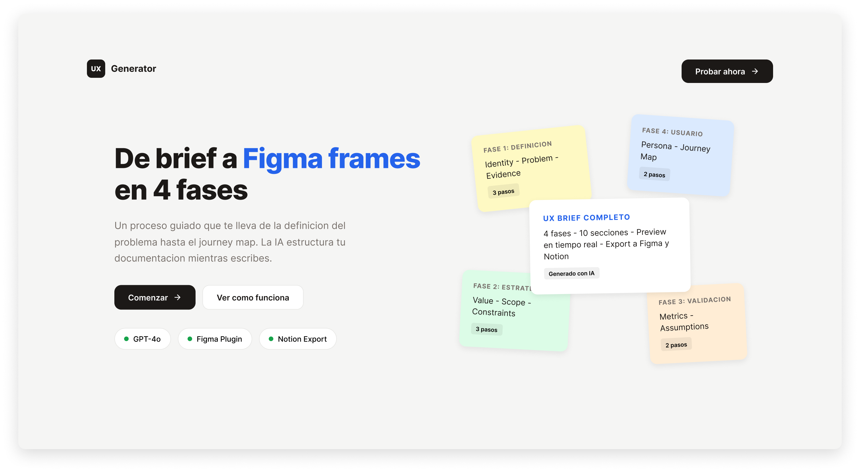 UX AI Generator interface showing the guided form with project data